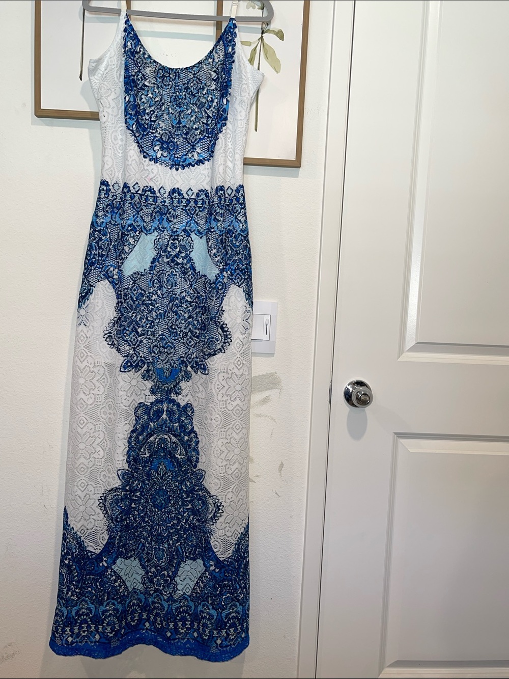 White Maxi Dress with Blue Ornate Print